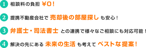 1.相談料の負担￥0。2.提携不動産会社で売却後の部屋探しも安心。3.弁護士・司法書士との連携で様々なご相談にも対応可能。4.解決の先にある未来の生活も考えてベストな提案。